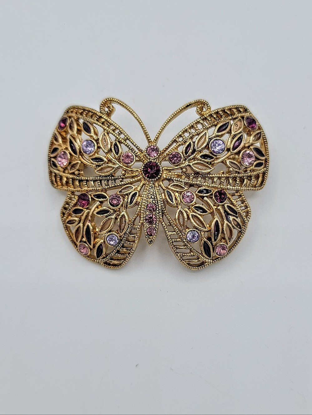 Butterfly Brooch 1970s Purple Pink Rhinestone Gold Tone Openwork Vintage Pin VTG
